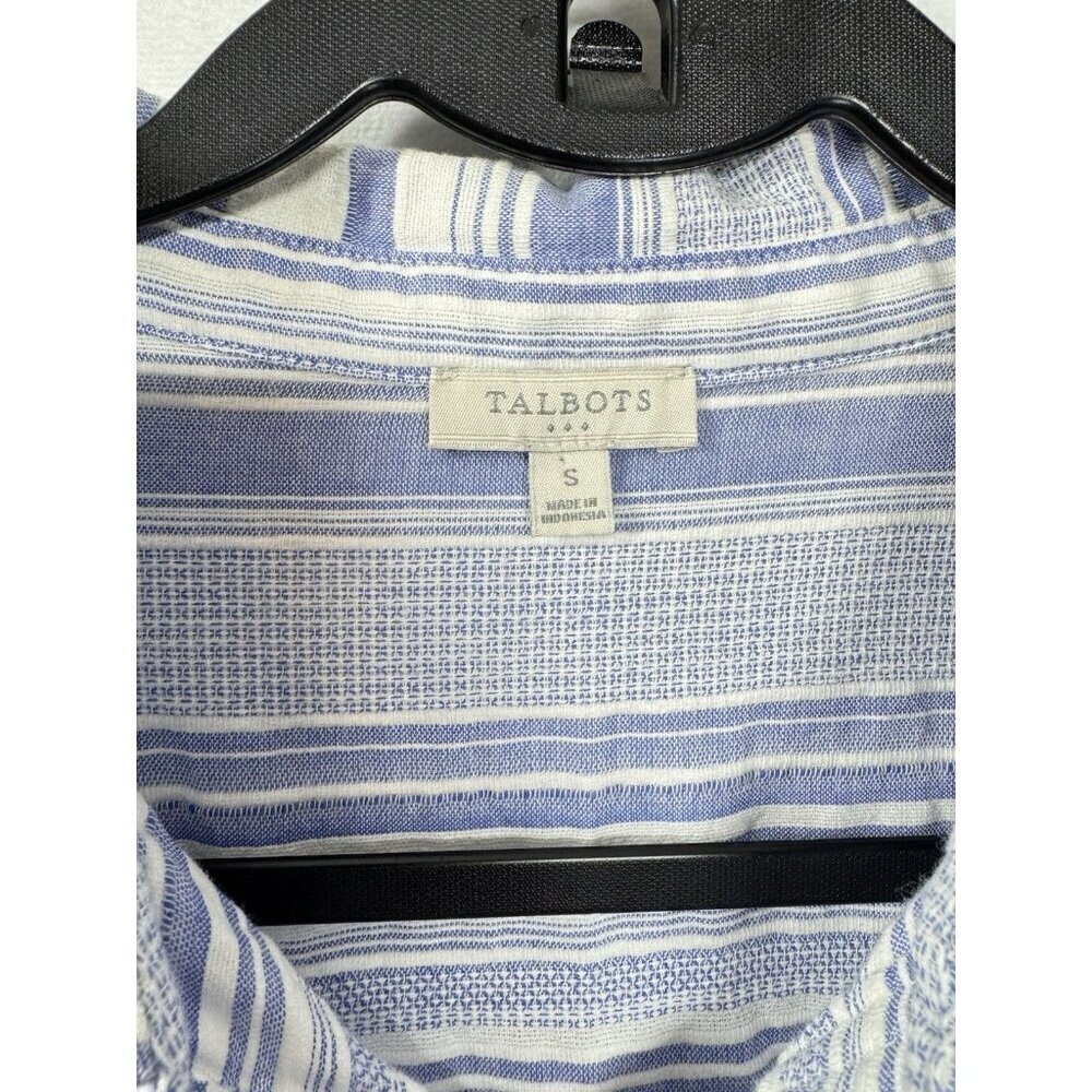 Talbots Roll Tab Sleeve Top Womens Small Blue White Stripe Collared Cotton EUC - Picture 4 of 8